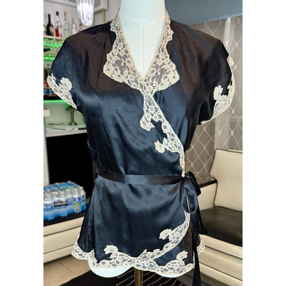 Leigh Bantivoglio Small Silk Black Lace Warp Top Shirt Y2K Vintage Luxury